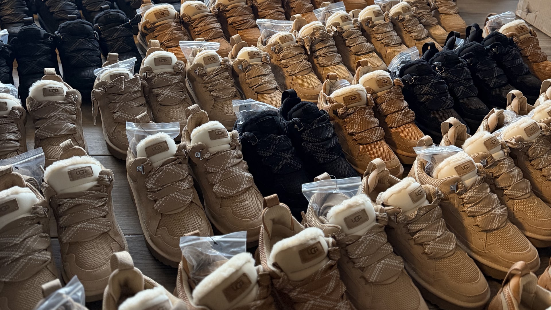 Un centinaio di scarpe UGG nuove allineate, ancora nella loro busta